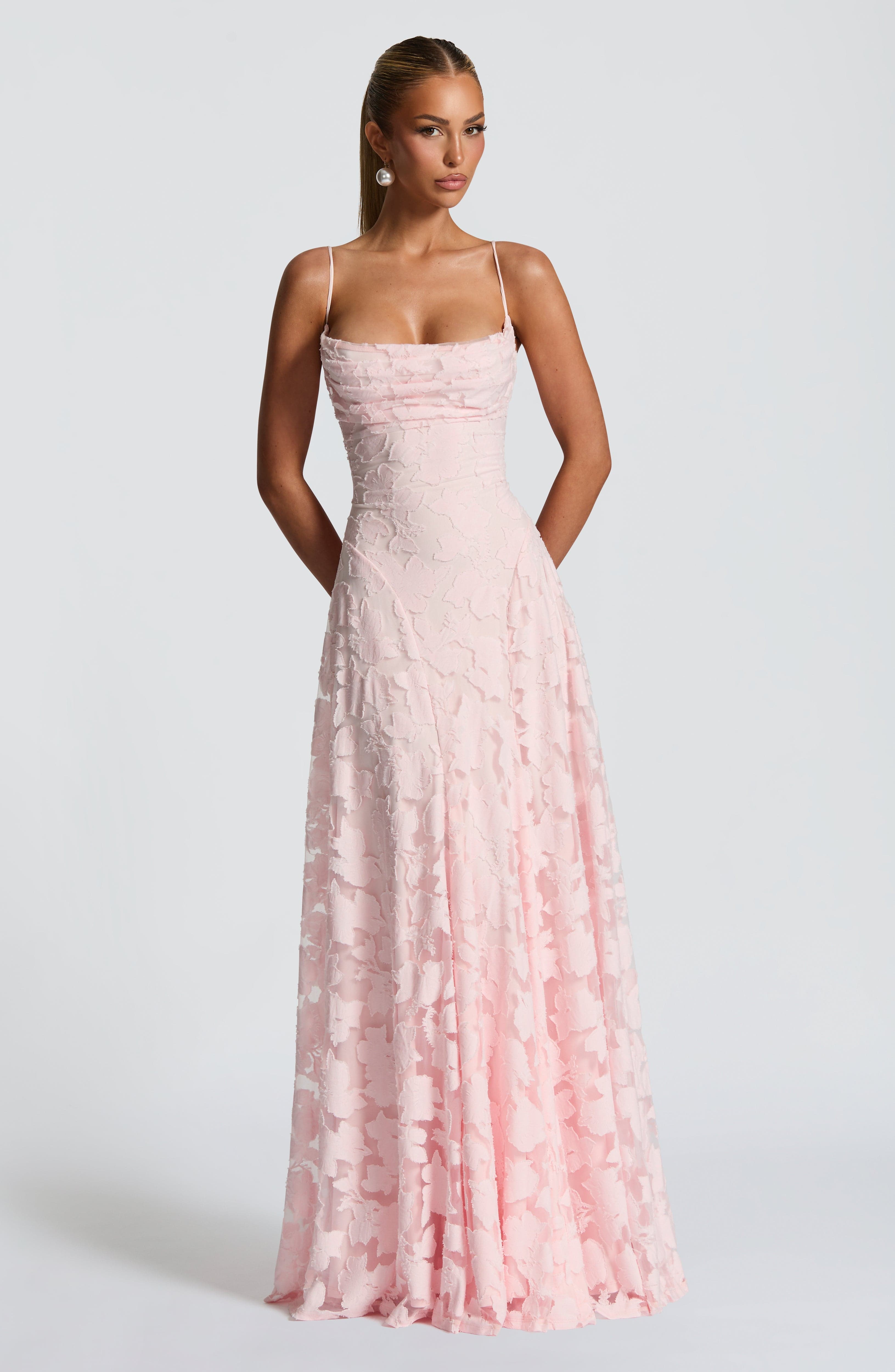 Florencia Floral Maxi Dress – Open Back, A-Line, Bow Detail
