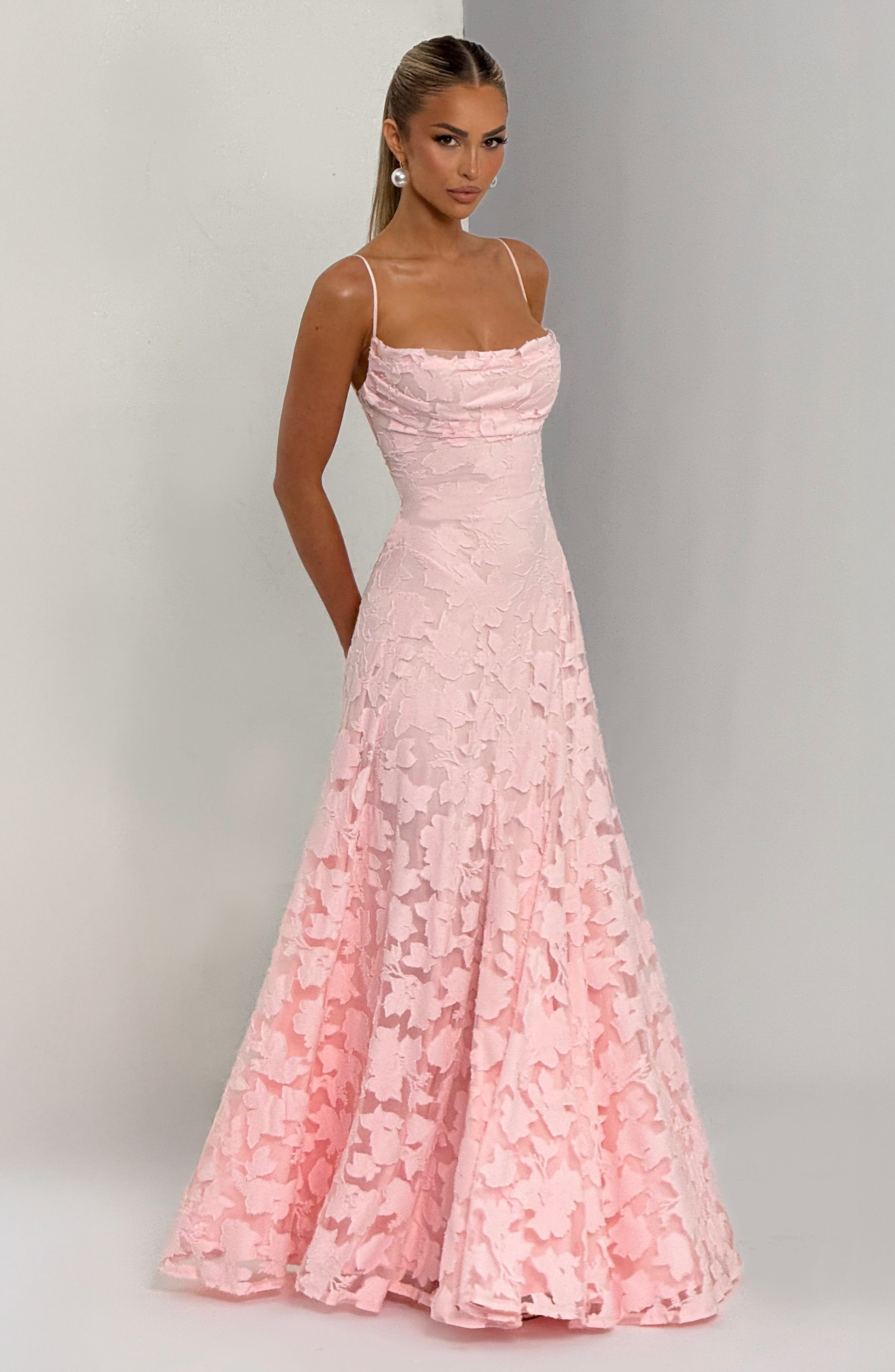 Florencia Floral Maxi Dress – Open Back, A-Line, Bow Detail