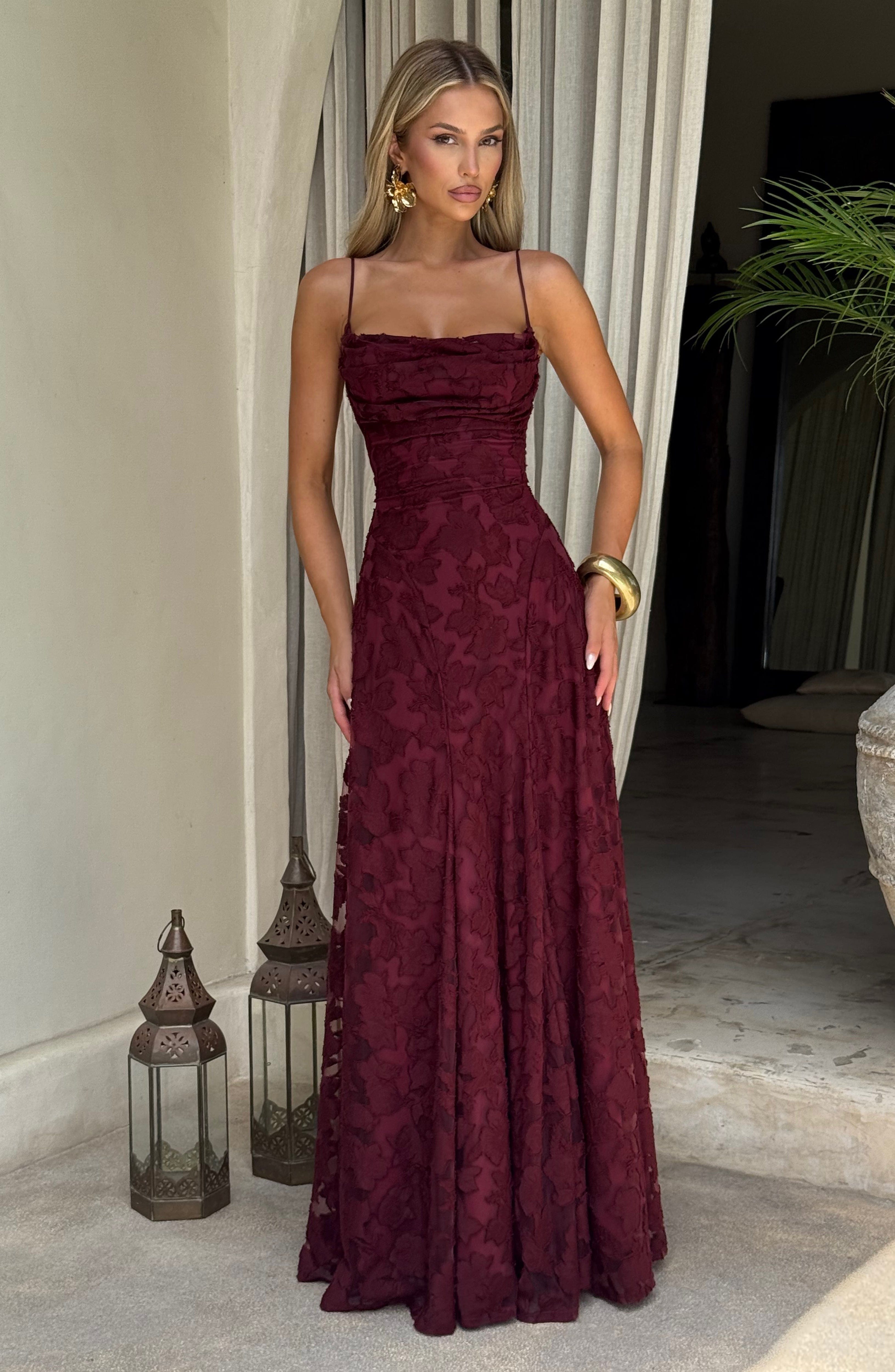 Florencia Floral Maxi Dress – Open Back, A-Line, Bow Detail