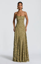 Florencia Floral Maxi Dress – Open Back, A-Line, Bow Detail