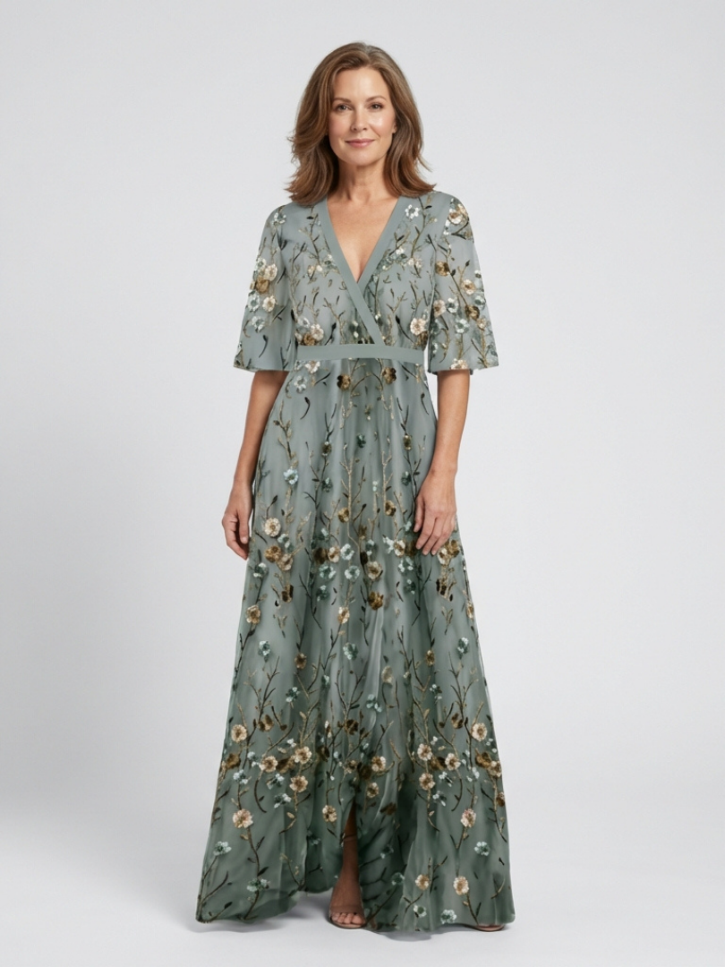 Diane | Embroidered V Neck Maxi Dress