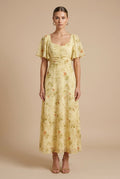 Women's Floral Square Neck Maxi Dress – Puff Sleeves, Ruched Bodice