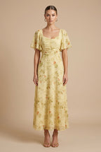 Women's Floral Square Neck Maxi Dress – Puff Sleeves, Ruched Bodice