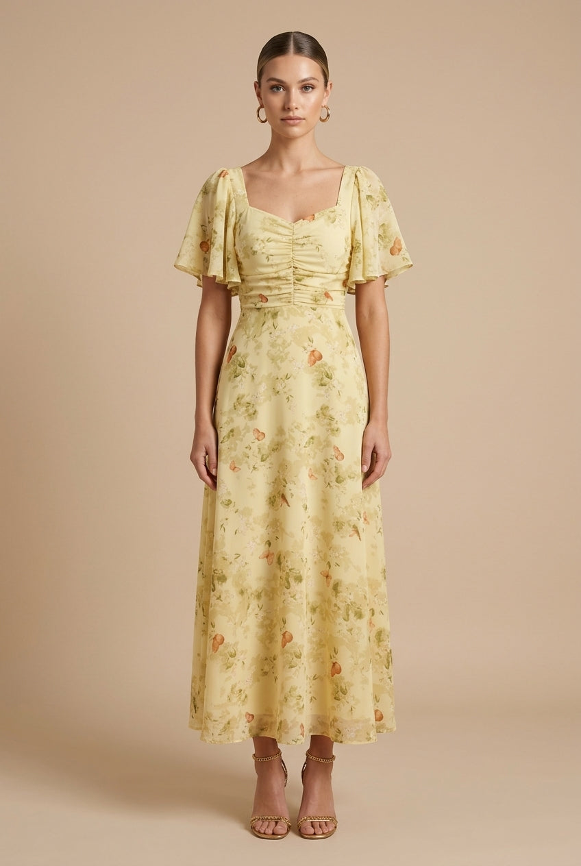Women's Floral Square Neck Maxi Dress – Puff Sleeves, Ruched Bodice