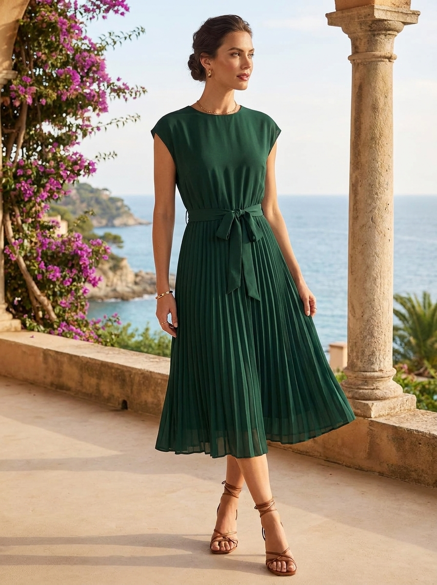 Women's Belted Pleated Midi Dress
