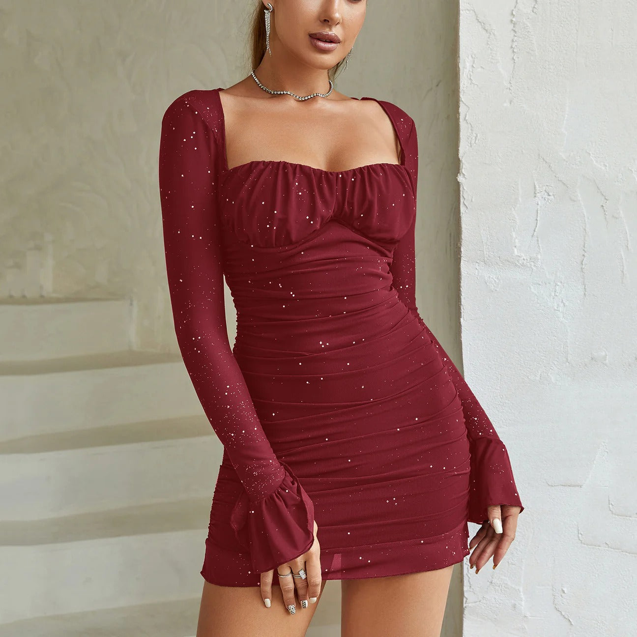 Sequined Square Neck Mini Dress