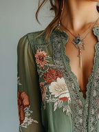 Bohemian | Floral Printed Lace Blouse, Green