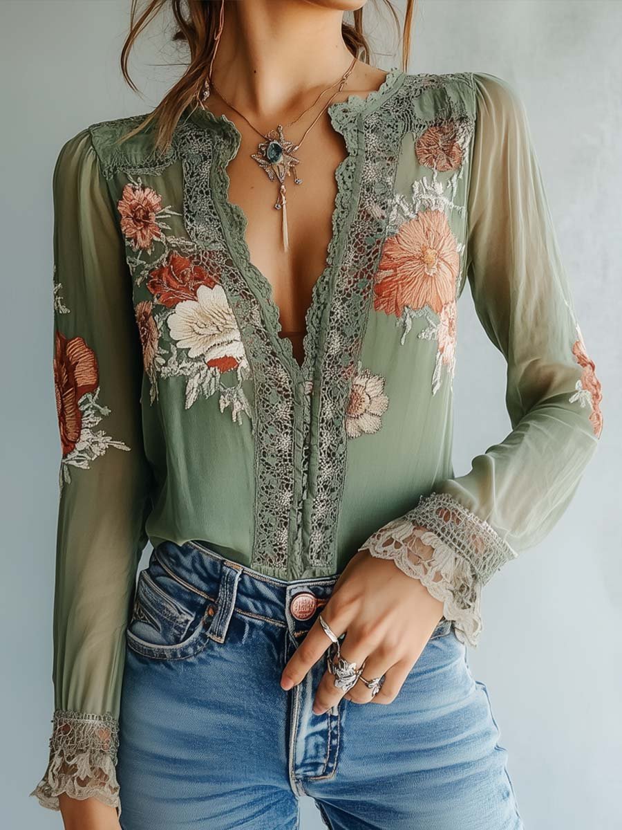 Bohemian | Floral Printed Lace Blouse, Green