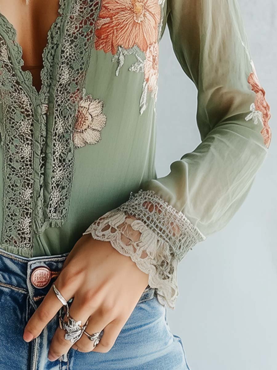 Bohemian | Floral Printed Lace Blouse, Green