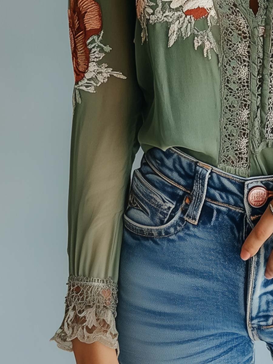 Bohemian | Floral Printed Lace Blouse, Green
