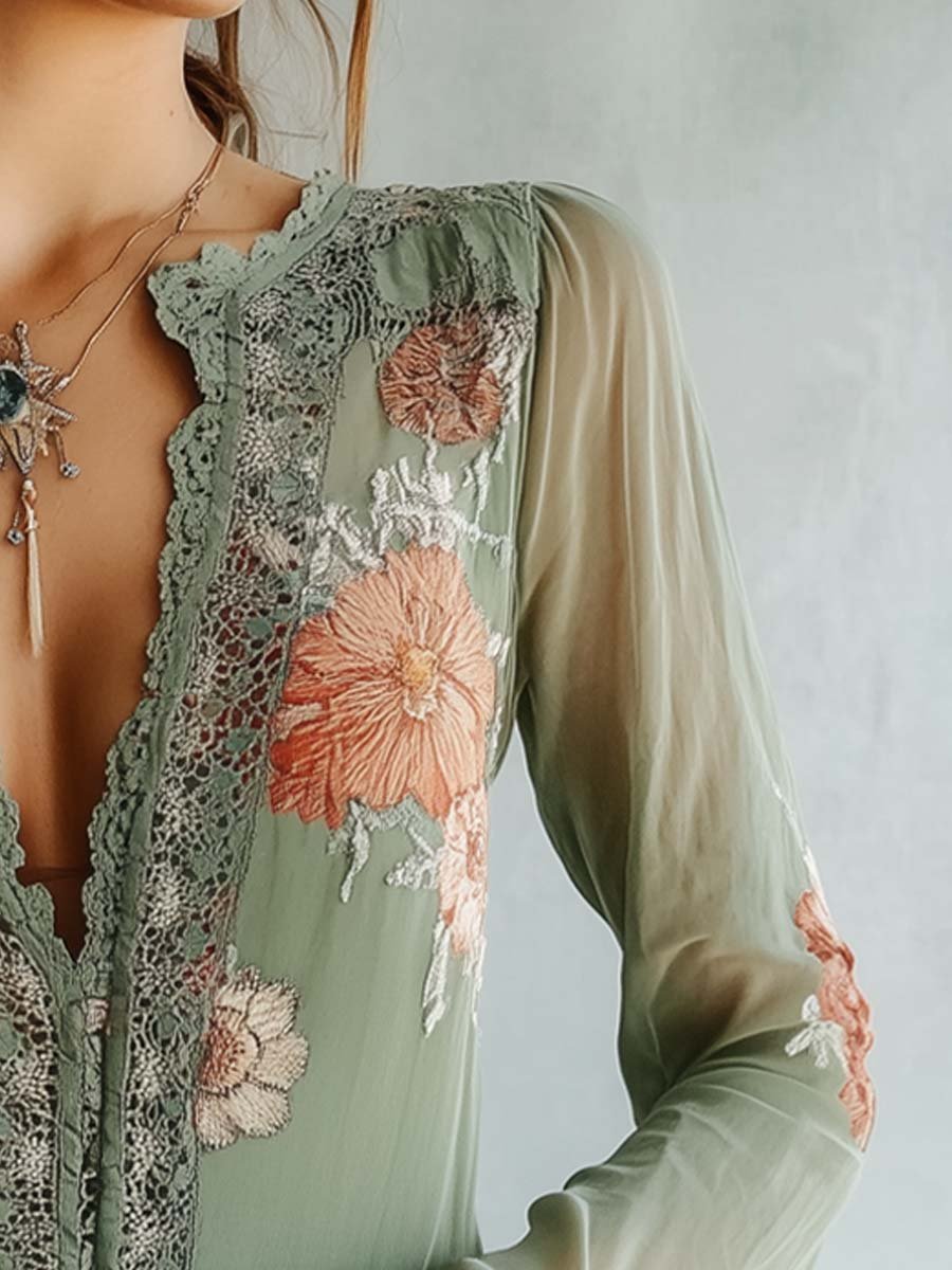 Bohemian | Floral Printed Lace Blouse, Green