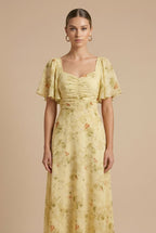 Women's Floral Square Neck Maxi Dress – Puff Sleeves, Ruched Bodice