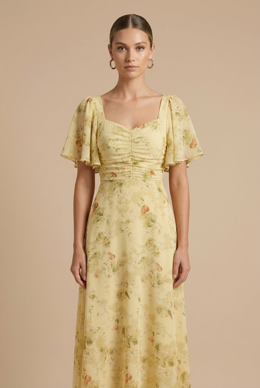 Women's Floral Square Neck Maxi Dress – Puff Sleeves, Ruched Bodice