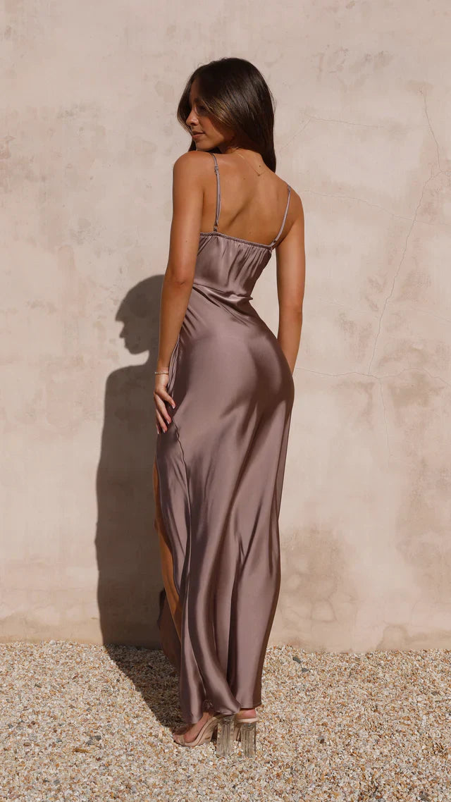 Ilana Satin Spaghetti Strap Maxi Dress – High Slit
