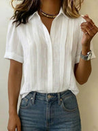 Women's V-Neck Pleated Linen Blouse