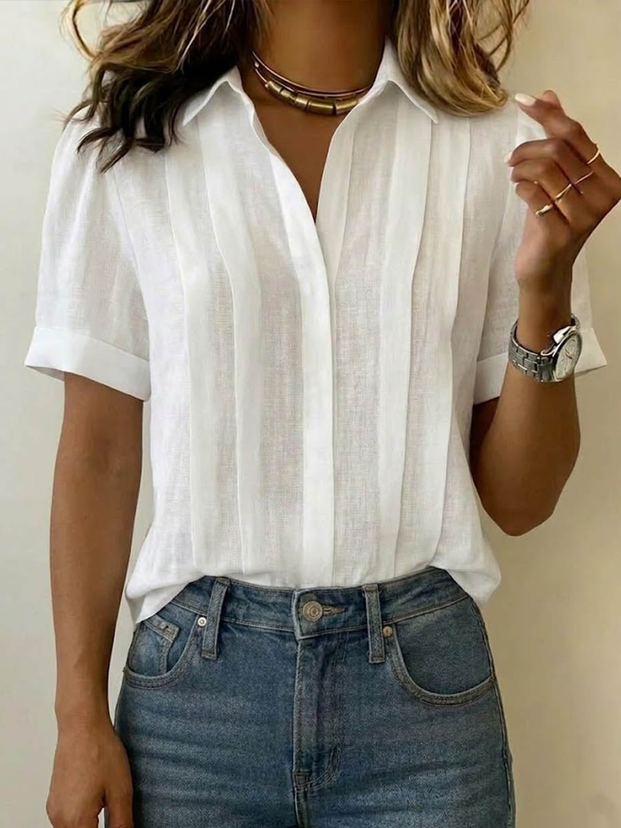 Women's V-Neck Pleated Linen Blouse