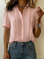 Women's V-Neck Pleated Linen Blouse