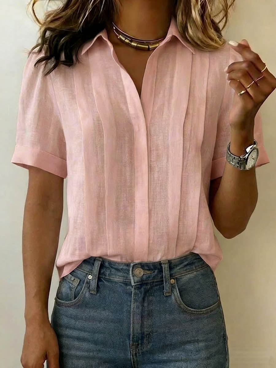 Women's V-Neck Pleated Linen Blouse