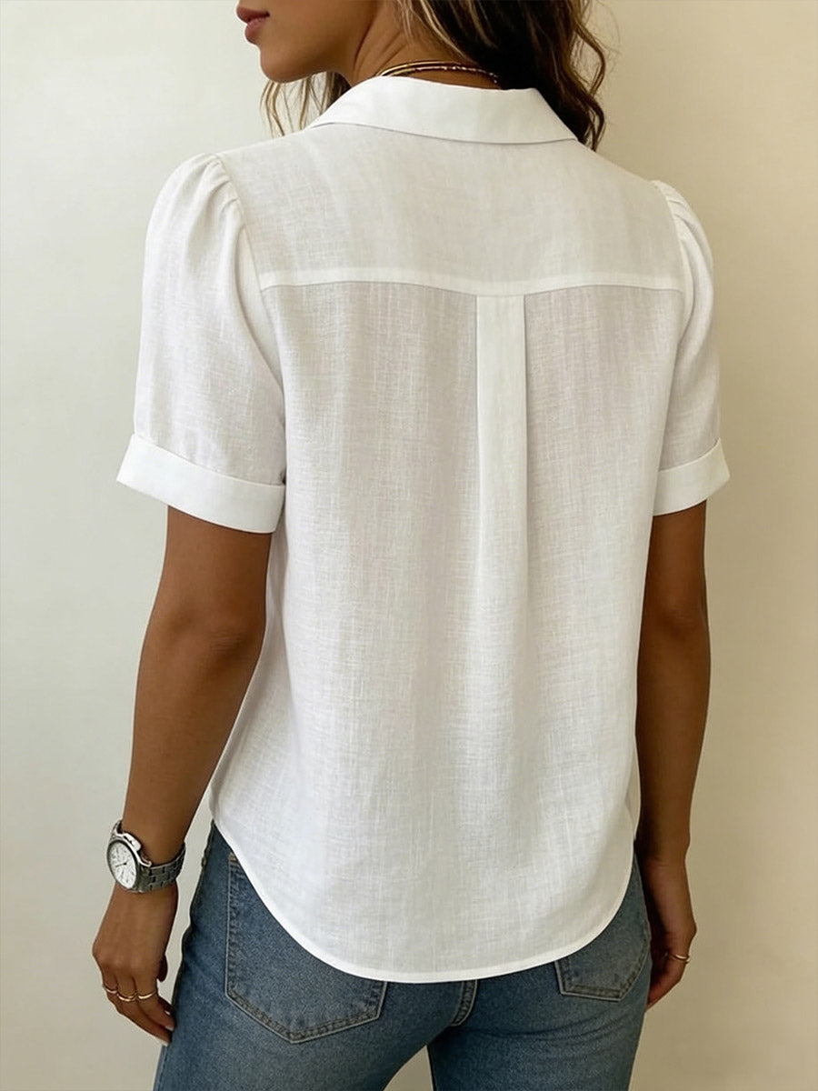 Women's V-Neck Pleated Linen Blouse