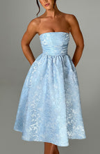 Tyche Floral Jacquard Midi – Strapless, Lace-Up Back