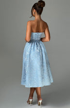 Tyche Floral Jacquard Midi – Strapless, Lace-Up Back