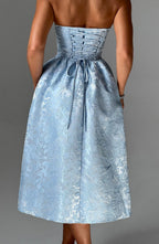 Tyche Floral Jacquard Midi – Strapless, Lace-Up Back