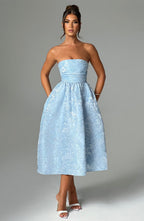 Tyche Floral Jacquard Midi – Strapless, Lace-Up Back