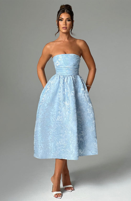Tyche Floral Jacquard Midi – Strapless, Lace-Up Back