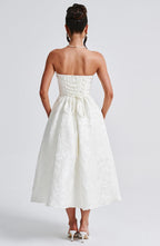 Tyche Floral Jacquard Midi – Strapless, Lace-Up Back