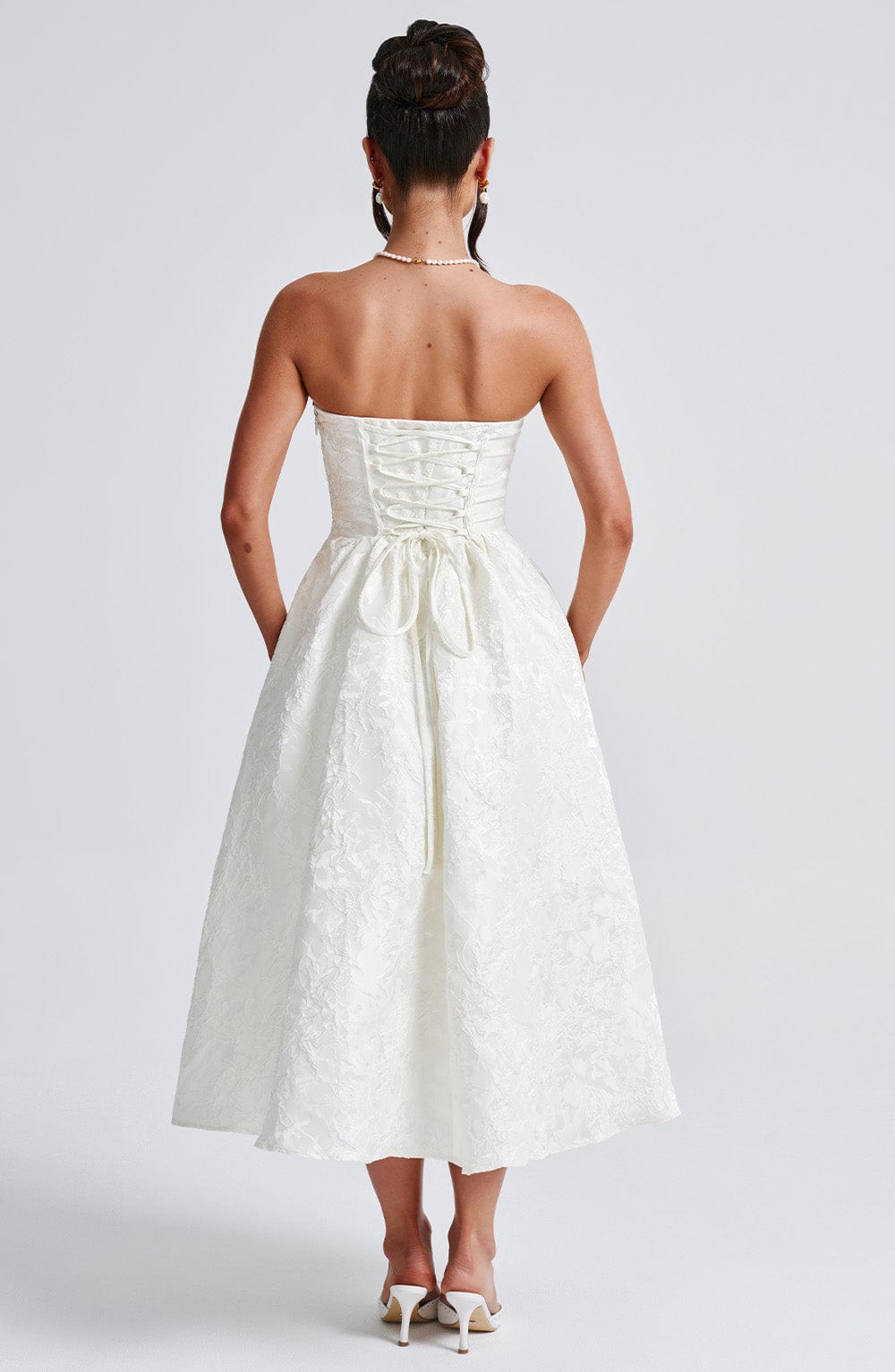 Tyche Floral Jacquard Midi – Strapless, Lace-Up Back
