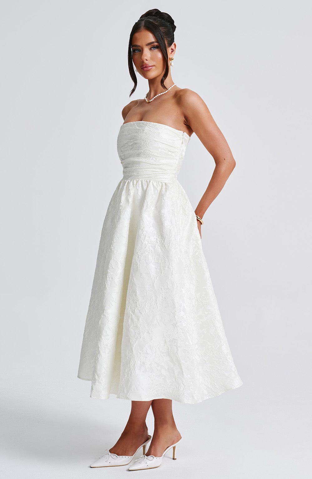 Tyche Floral Jacquard Midi – Strapless, Lace-Up Back
