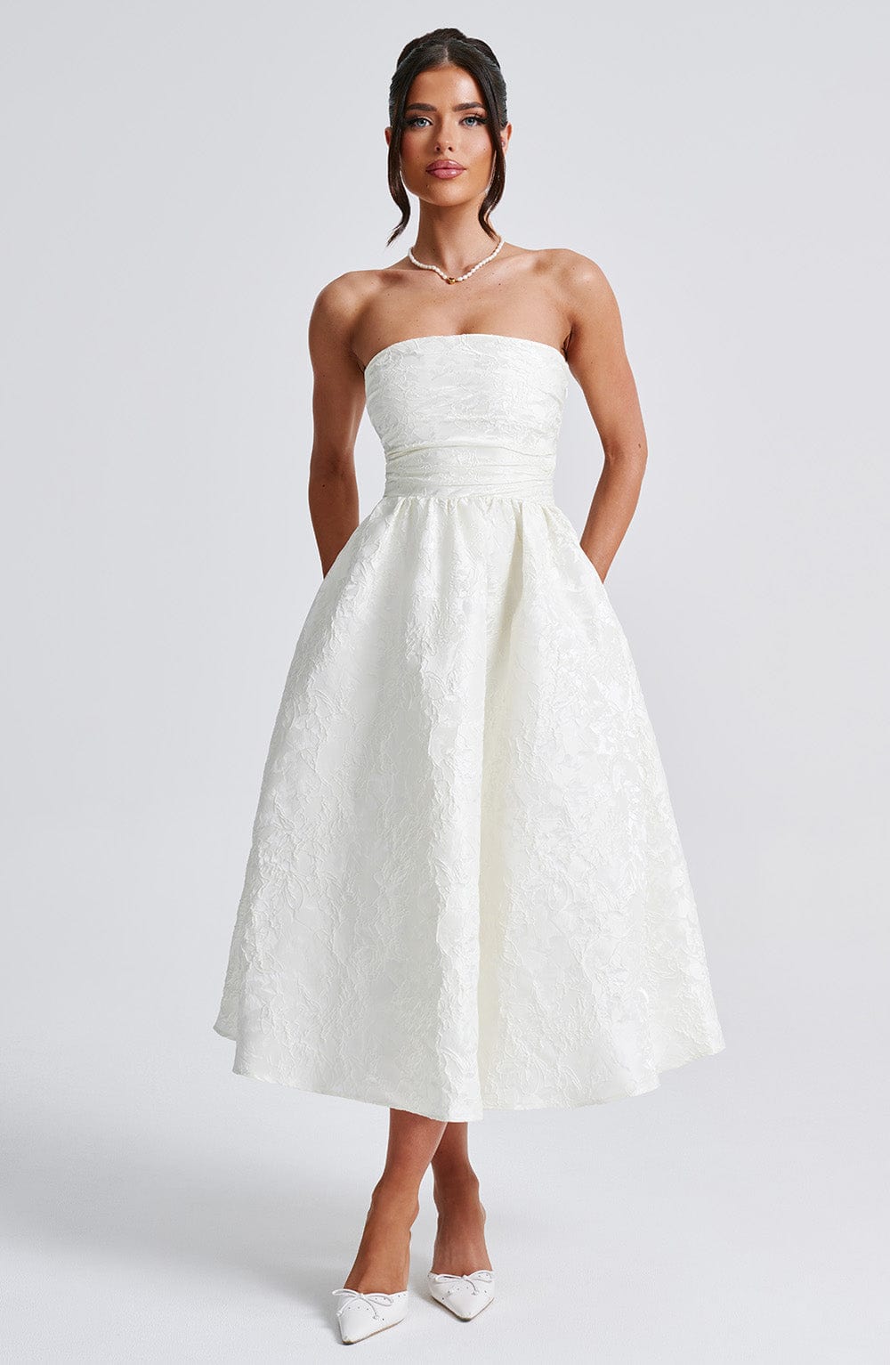 Tyche Floral Jacquard Midi – Strapless, Lace-Up Back