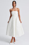 Tyche Floral Jacquard Midi – Strapless, Lace-Up Back