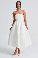 Tyche Floral Jacquard Midi – Strapless, Lace-Up Back