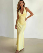 V-Neck Sleeveless Satin A-Line Dress