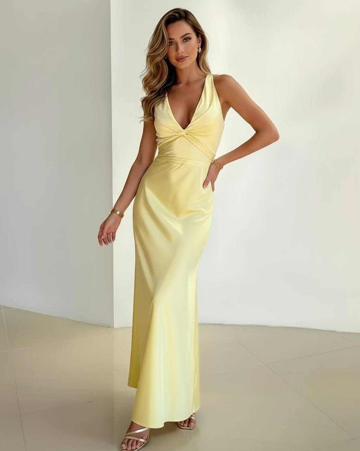 V-Neck Sleeveless Satin A-Line Dress