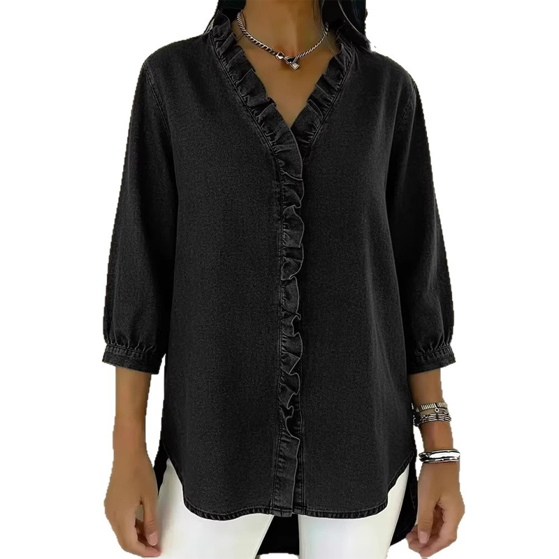 Soft Ruffle V-Neck Shirt | Breathable High-Low Hem