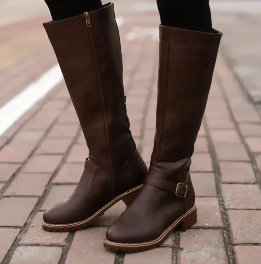 Women's Classic Knee-High Leather Buckle Boots