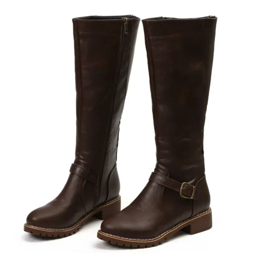 Women's Classic Knee-High Leather Buckle Boots