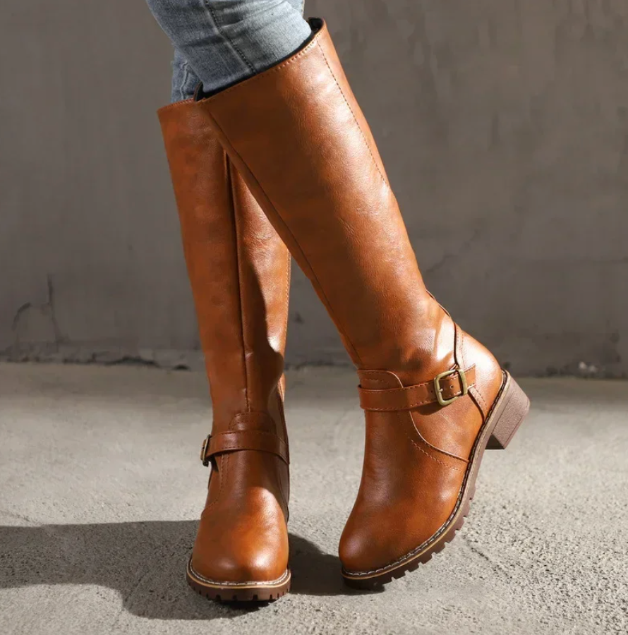 Women's Classic Knee-High Leather Buckle Boots