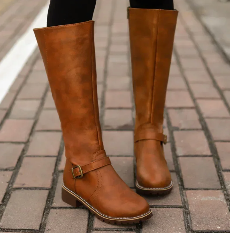 Women's Classic Knee-High Leather Buckle Boots