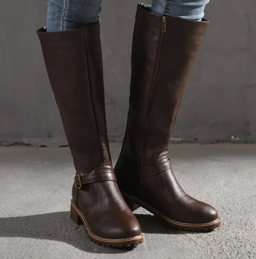 Women's Classic Knee-High Leather Buckle Boots