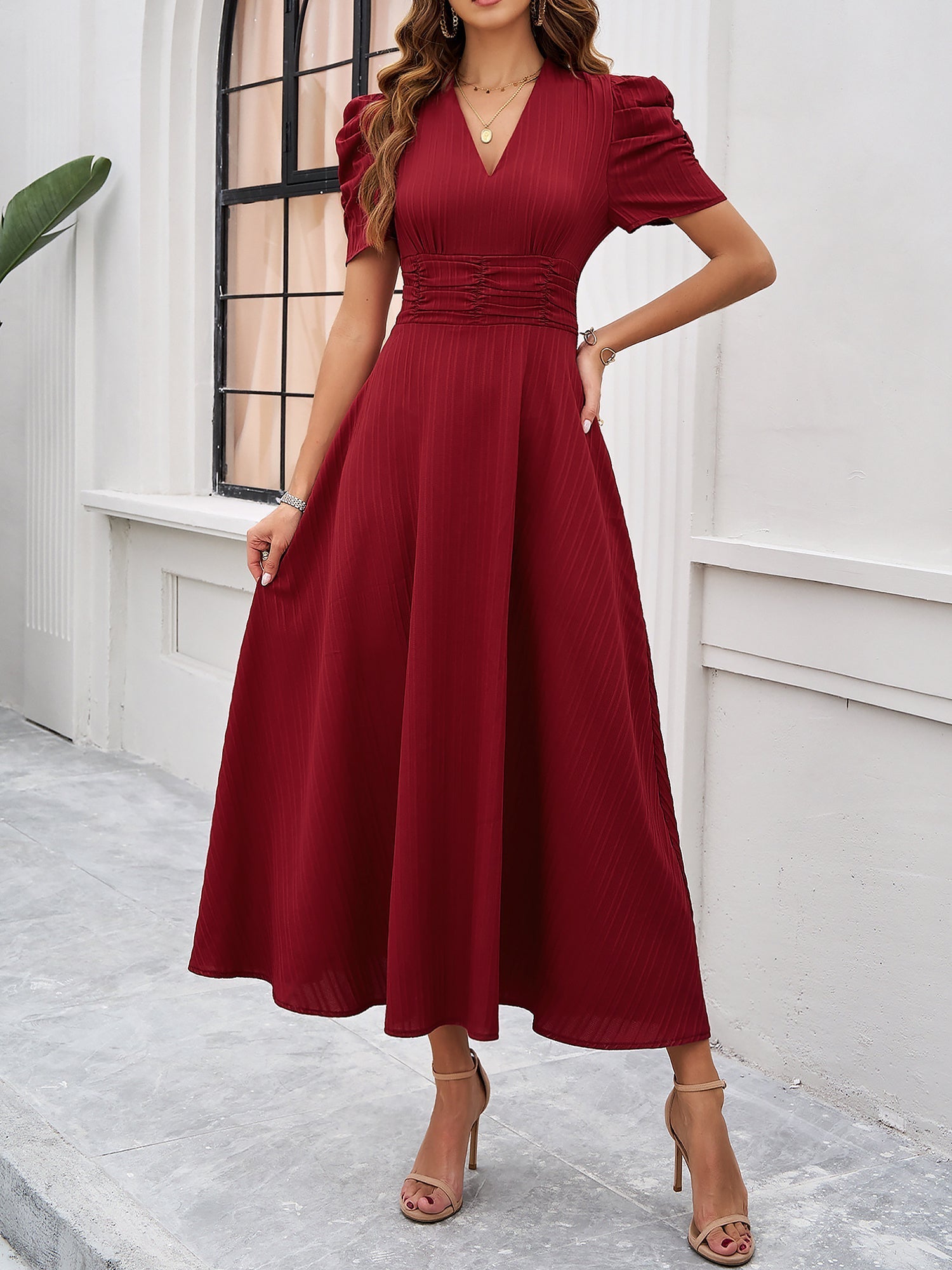 Women's Puff Sleeve Midi Dress