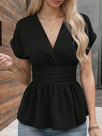 Women's V-Neck Ruffle Peplum Short Sleeve Blouse