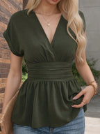 Women's V-Neck Ruffle Peplum Short Sleeve Blouse