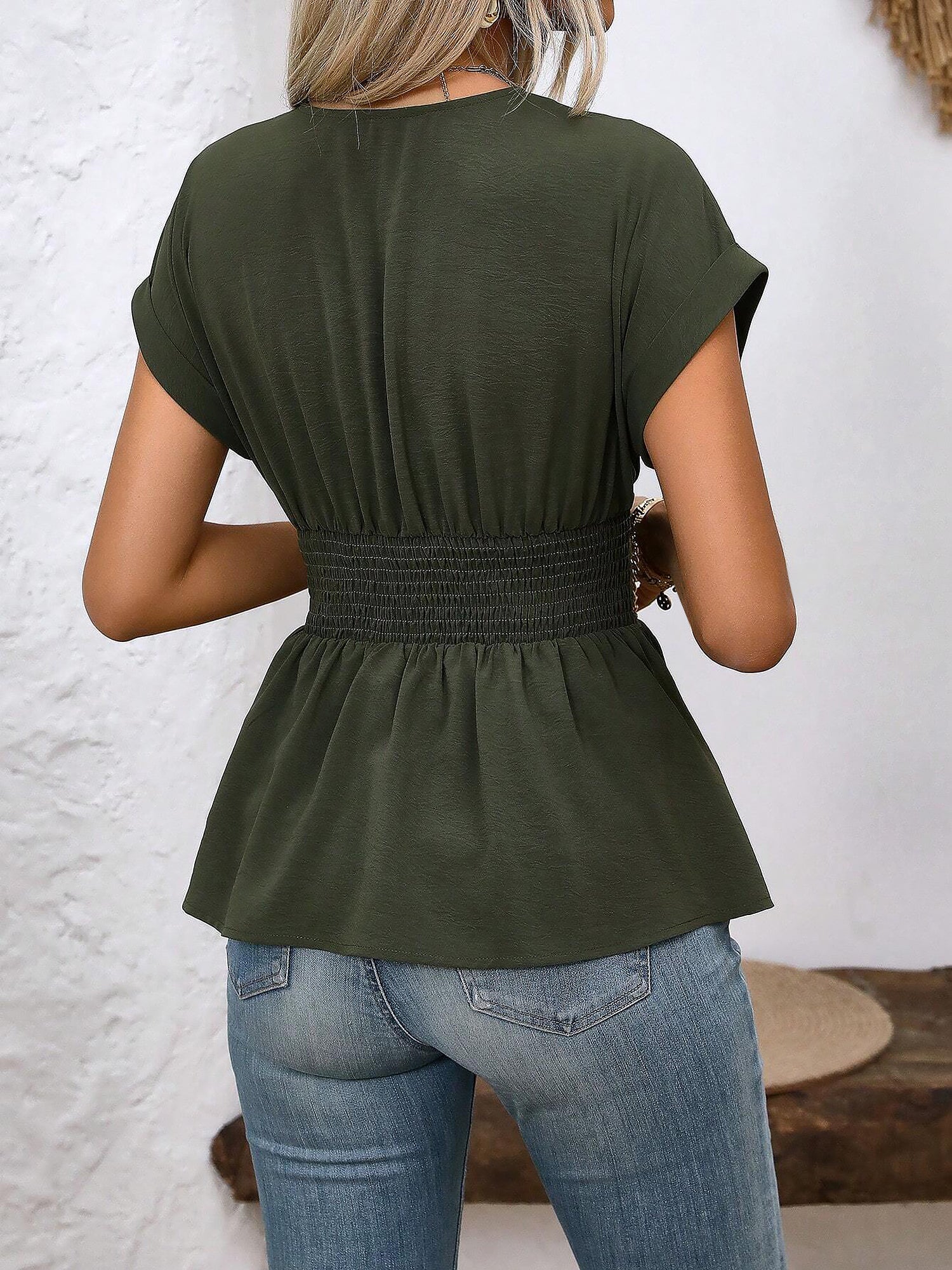 Women's V-Neck Ruffle Peplum Short Sleeve Blouse