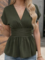 Women's V-Neck Ruffle Peplum Short Sleeve Blouse