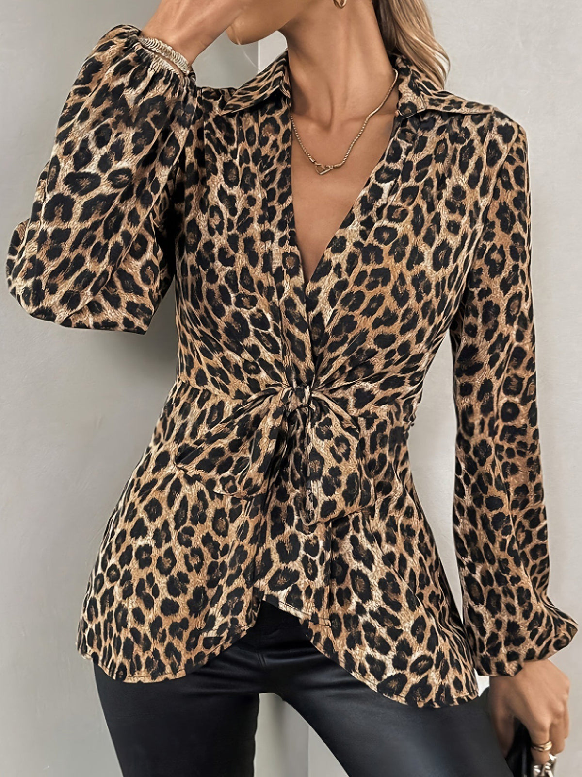 Women's Leopard Print Tie Waist Blouse