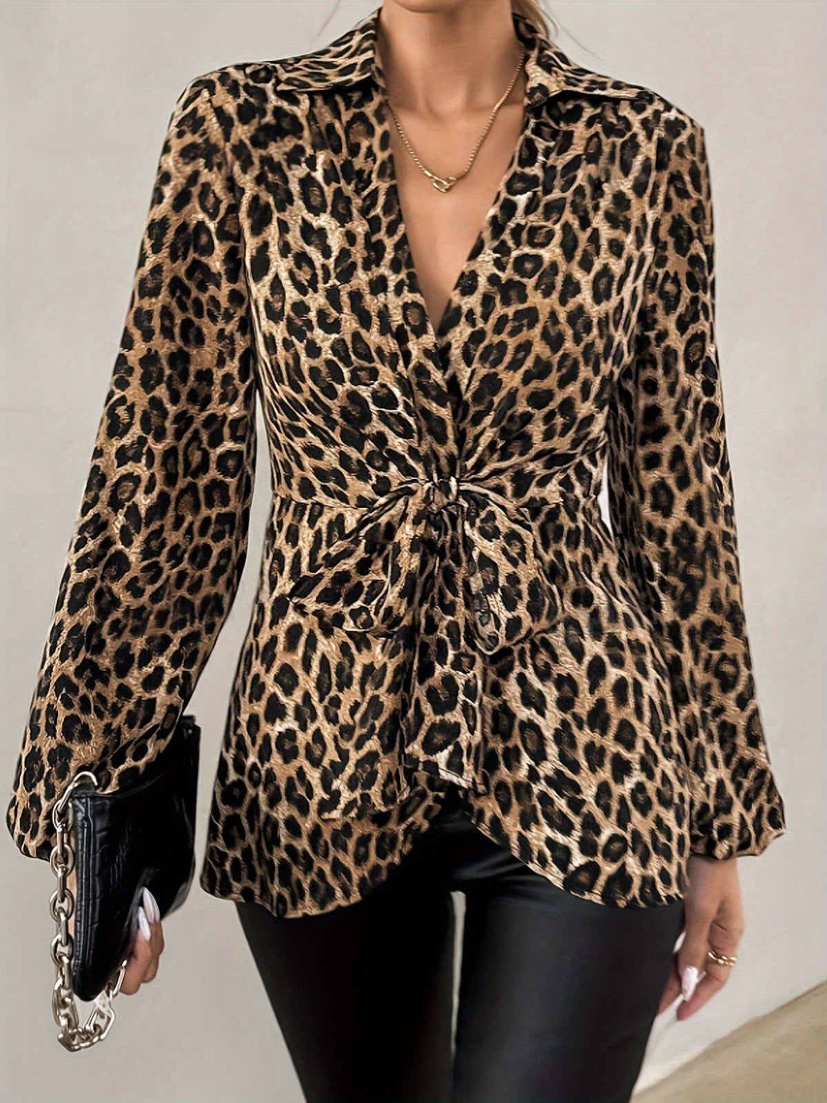 Women's Leopard Print Tie Waist Blouse