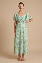Women's Floral Square Neck Maxi Dress – Puff Sleeves, Ruched Bodice
